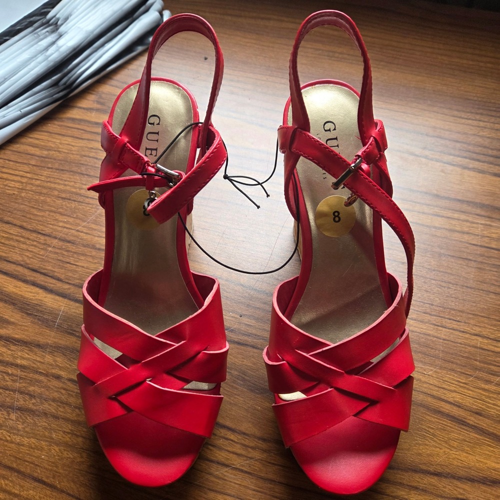 Guess Los Angeles Red Cork Wedge Sandals Strappy Ankle Strap Platform Size 8M